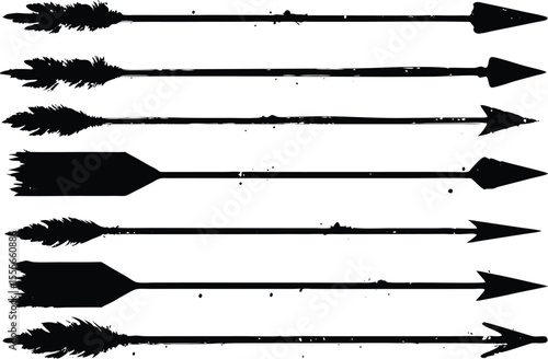 Collection of seven black silhouette arrows with distressed textures and feather fletching