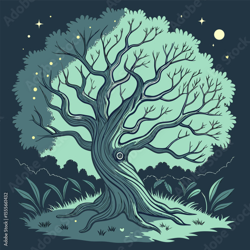 An enchanted tree with twisted branches, glowing fireflies surrounding it., illustration of a tree	vector tree