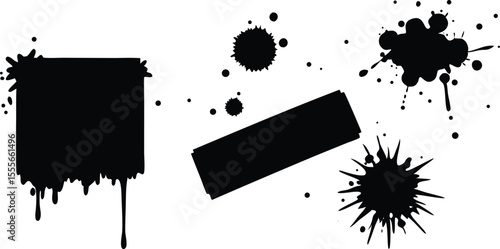 Collection of black ink splatters and drips on a white background