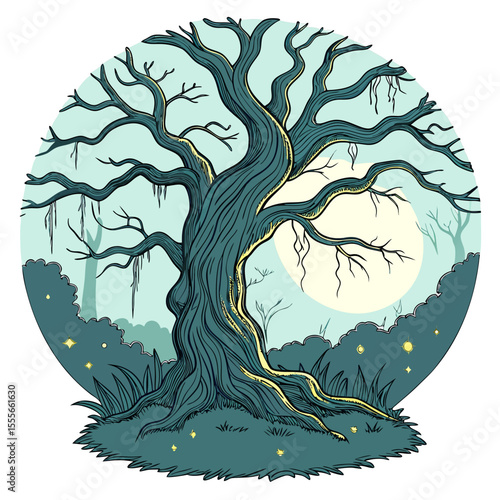 An enchanted tree with twisted branches, glowing fireflies surrounding it., illustration of a tree	vector tree