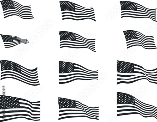 American flags waving in different positions on a white background