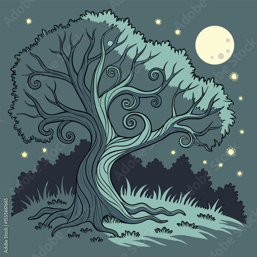 An enchanted tree with twisted branches, glowing fireflies surrounding it., illustration of a tree	vector tree