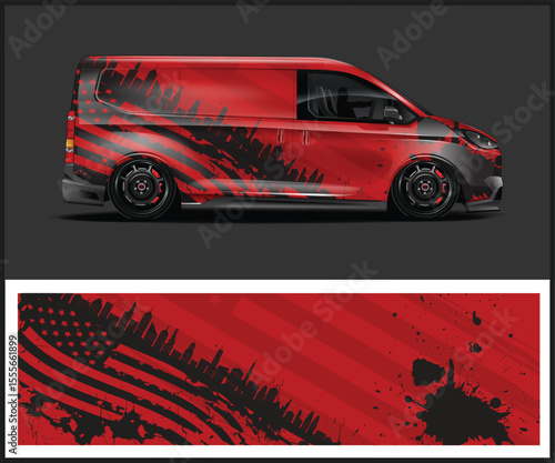 Red and Black Car Wrap Design with City Skyline