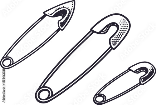 Open and closed safety pins with needles pierced through, Halftone stipple elements se