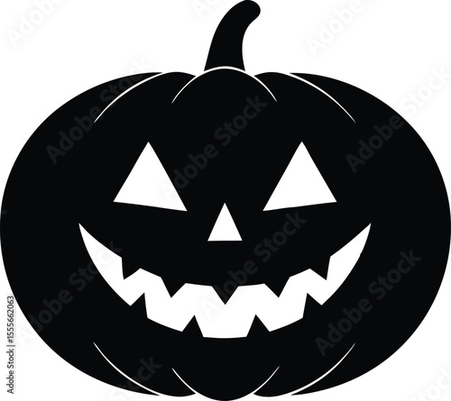 Simple black silhouette of a happy jack o lantern pumpkin face on white background