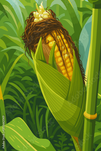 This is a digital illustration of a corn plant growing in a lush green field. The focus is on a single ear of corn partially husked, revealing vibrant yellow kernels. Brown corn silk drapes over the t