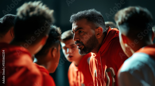 Middle Eastern basketball coach passionately guiding his team in a training session at an indoor court