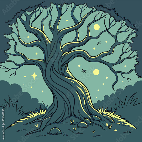 An enchanted tree with twisted branches, glowing fireflies surrounding it., illustration of a tree	vector tree