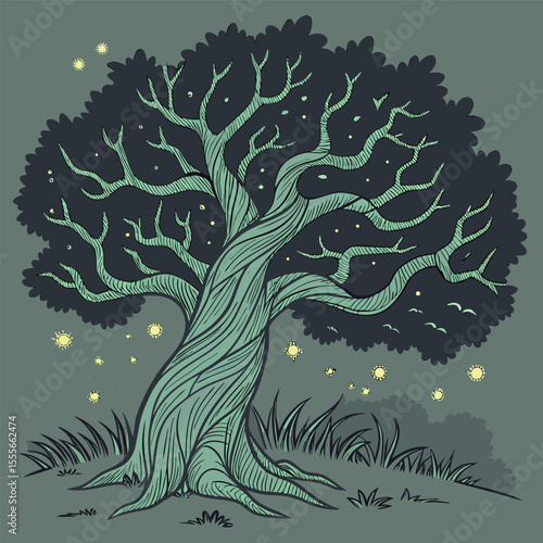 An enchanted tree with twisted branches, glowing fireflies surrounding it., illustration of a tree	vector tree