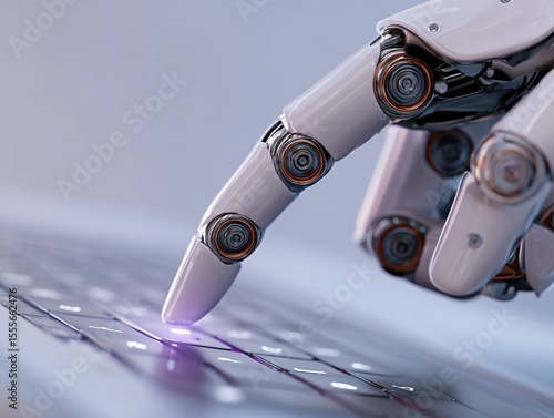 robotic fingers keyboard, cyborg arm keyboard, Robot hand point to laptop button advisor chatbot robotic artificial intelligence concept. Generative Ai