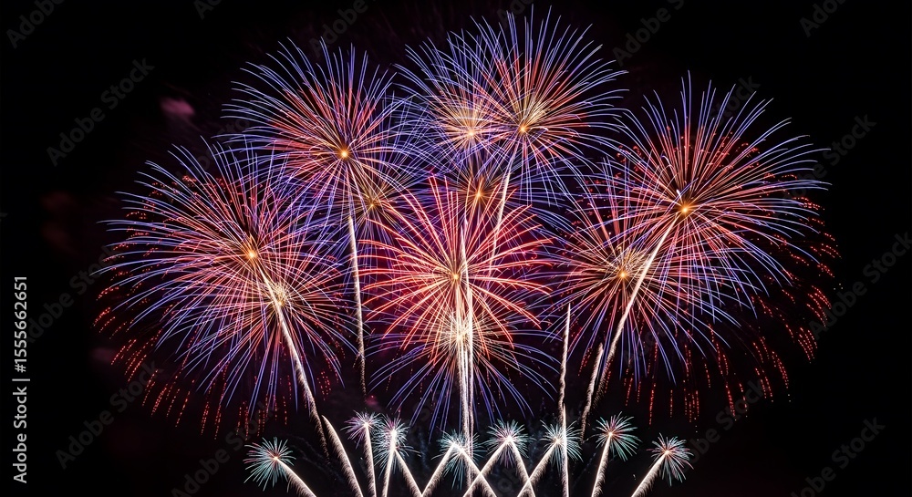 Naklejka premium Vibrant Fireworks Display: Red, White, and Blue Bursts Against Night Sky