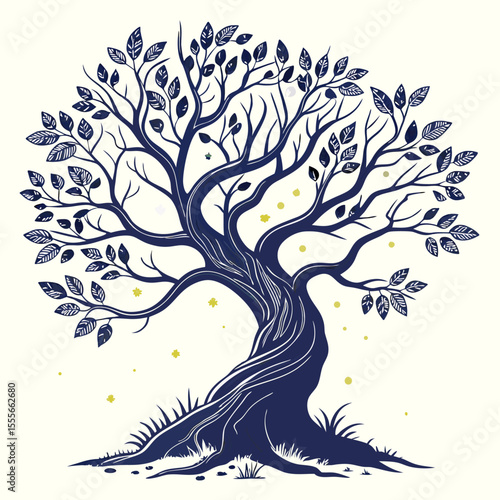 An enchanted tree with twisted branches, glowing fireflies surrounding it., illustration of a tree	vector tree