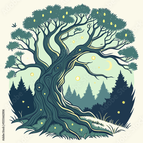 An enchanted tree with twisted branches, glowing fireflies surrounding it., illustration of a tree	vector tree