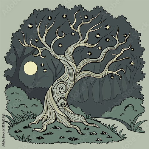 An enchanted tree with twisted branches, glowing fireflies surrounding it., illustration of a tree	vector tree
