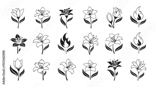 Collection of elegant lily flower icons in a minimalist line art silhouette style