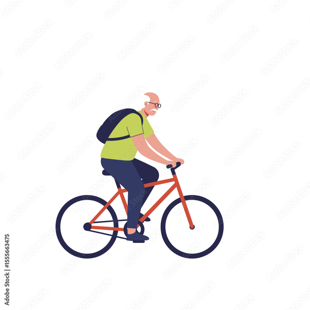 Naklejka premium Elderly man riding bicycle with backpack against white background 