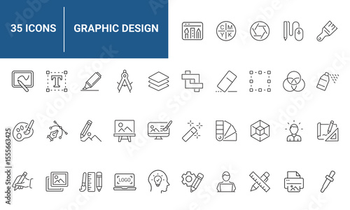 Graphic Design set of web icons in line style. Graphic design icons for web and mobile app. Digital art, creativity, tools, drawing, portfolio, creative process. Vector illustration
