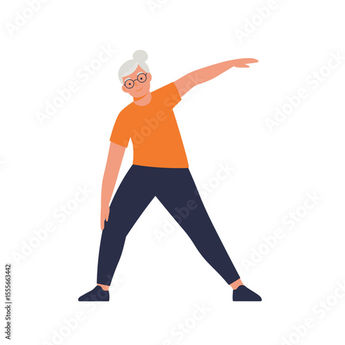 Active senior woman doing stretching exercises in fitness attire  