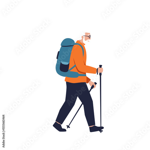Active elderly man hiking with trekking poles and backpack outdoors  