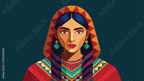 Portrait of a woman with colorful shawl and geometric patterns landscape illustration