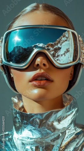 A stylish woman in futuristic ski goggles reflects snowy mountains, wrapped in a luxurious fur coat