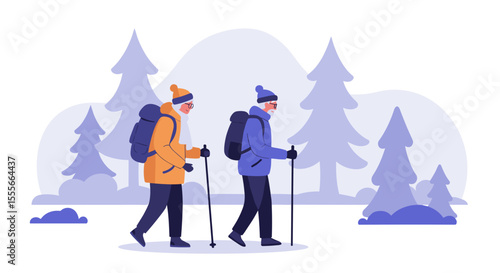 Elderly couple hiking in winter forest with snow-covered trees  