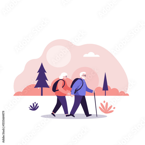 Elderly couple walking in nature with backpacks in pastel colors  