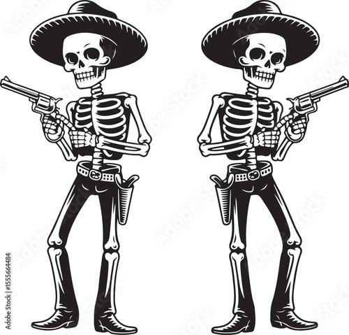 Skeleton Cowboy Vector Illustration with Guns and Western Flair