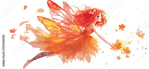 Watercolor Illustration of a Red Haired Fairy Flying with Flowers