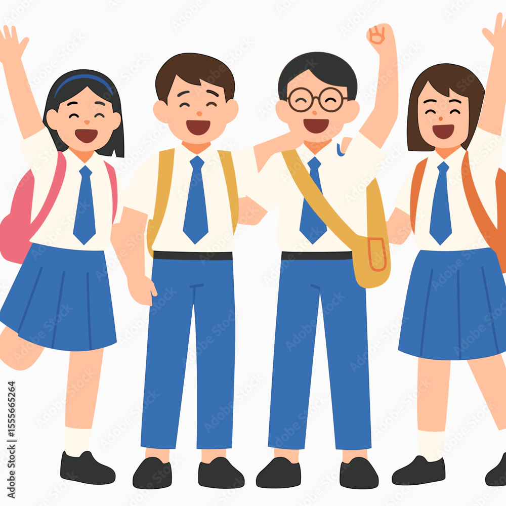 Group of cheerful Asian students celebrating together in school uniforms Group of cheerful Asian students celebrating together in school uniforms