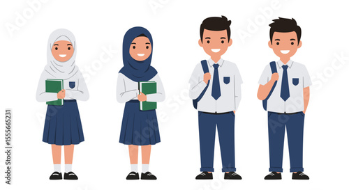 Four Asian students in school uniforms holding books and smiling  