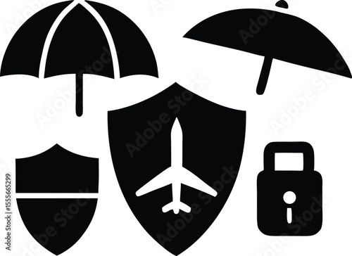 Collection of black security and protection icons including umbrellas shields and a lock