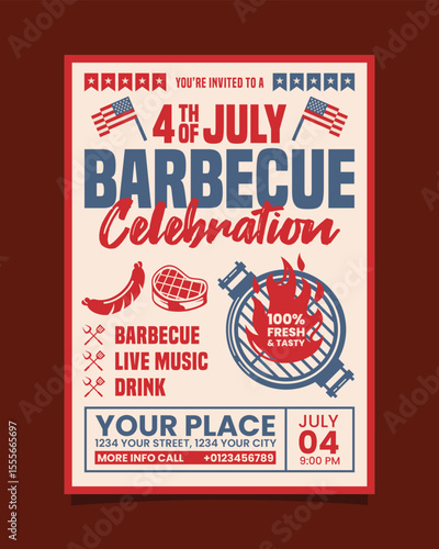 4th of July Barbecue Celebration Party vertical flyer, independence day bbq invitation poster vector template design
