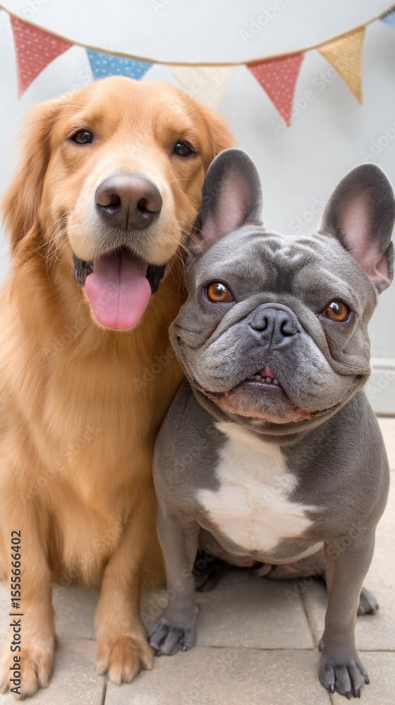 Obraz premium dog birthday portrait Adorable Golden Retriever and French Bulldog Together at Home party hat pet photo funny dog celebration shot