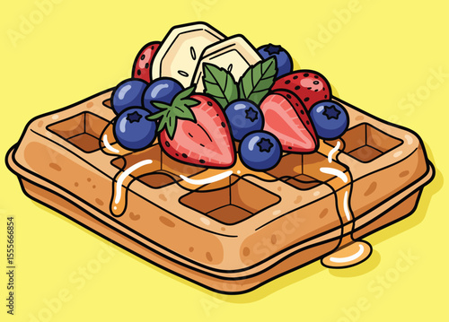 delicious-looking cartoon waffle, generously topped with fresh strawberries, blueberries, and banana slices, drizzled with golden syrup.
