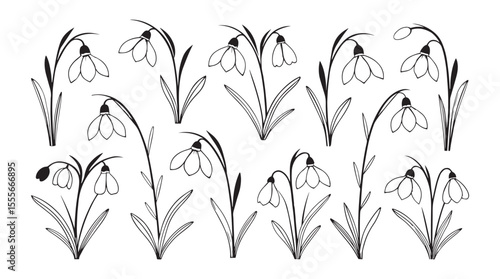 Delicate snowdrop flowers with subtle hearts in a charming line art silhouette style