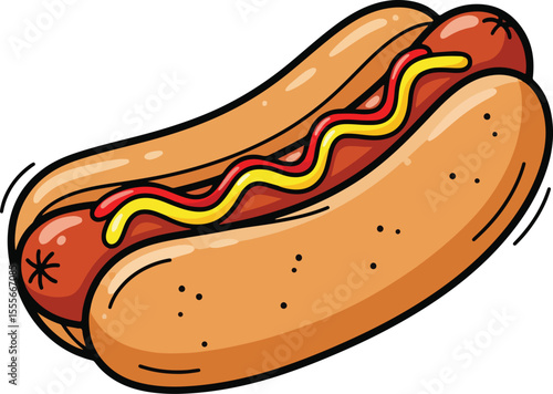 a cartoon illustration of a hotdog in a bun, topped with red ketchup and yellow mustard