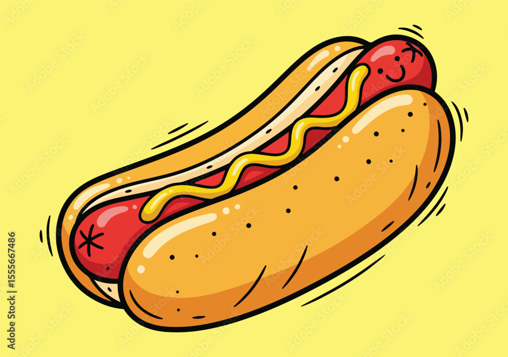 a fun cartoon illustration of a hotdog in a bun, topped with yellow mustard.. a fun cartoon illustration of a hotdog in a bun, topped with yellow mustard..