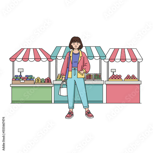 Young woman shopping at colorful market stalls with food items  