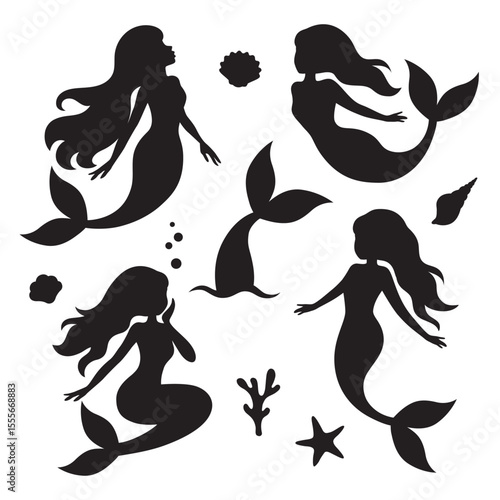 Mermaids, seashells, and mermaid tail silhouette shape vector illustration set.