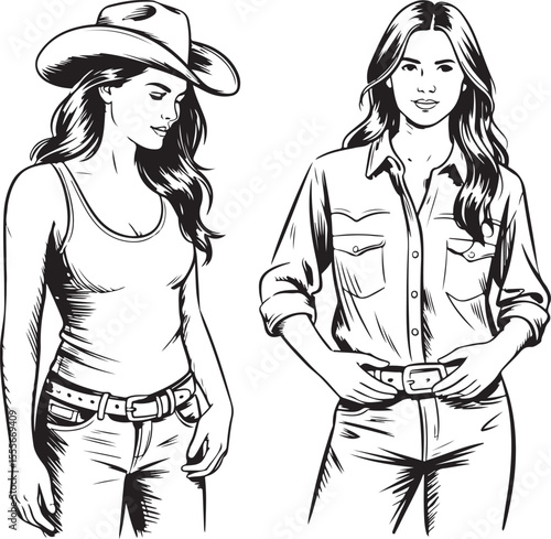 Cowgirl Duo in Outlined Vector Art Two Women in Western Attire Illustration