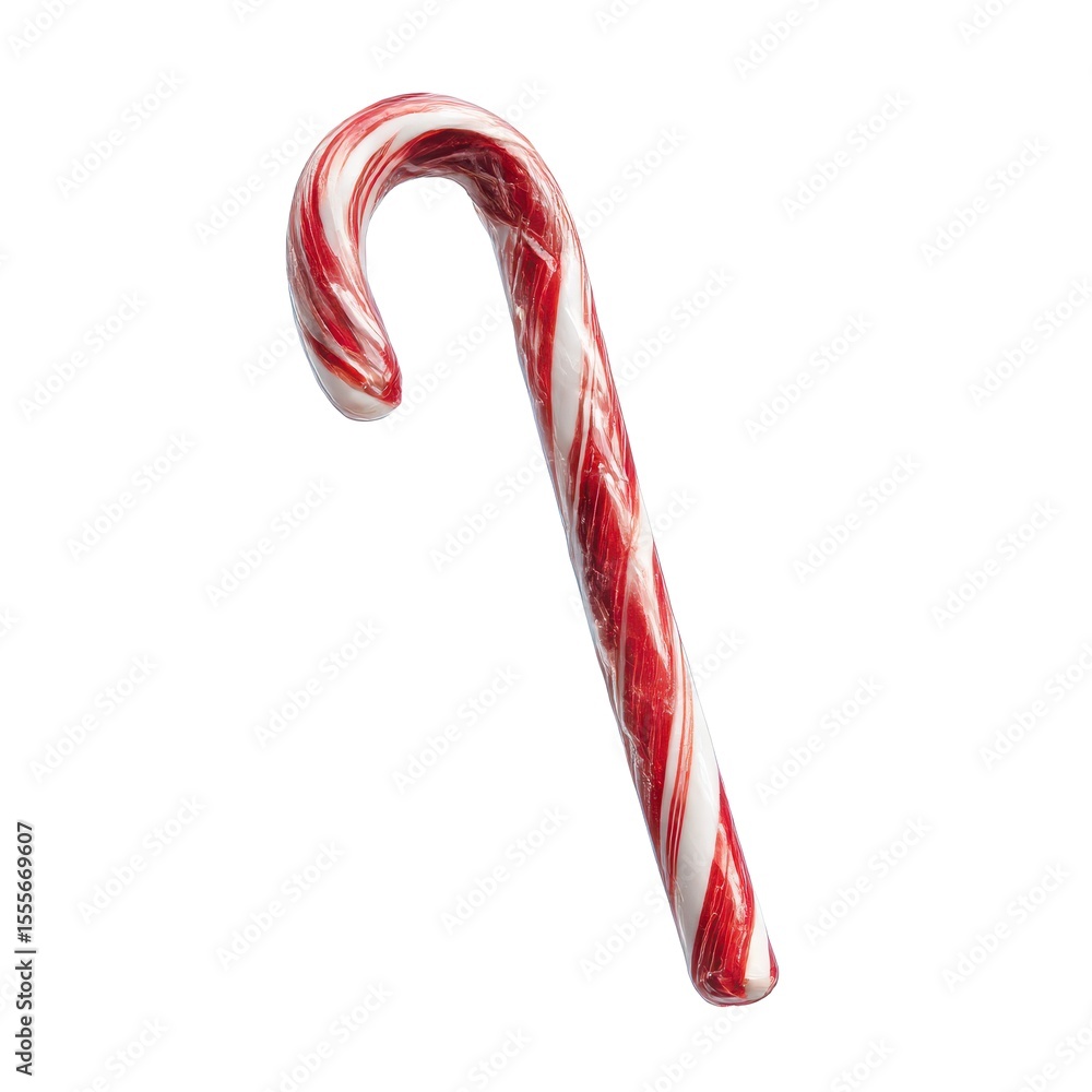 Fototapeta premium A Brightly Colored Red and White Swirled Candy Cane with a Classic Curved Shape, Perfect for Holiday Celebrations and Sweet Treat Lovers