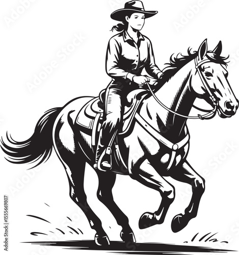 Cowgirl Riding Horse Vector Illustration in Black and White Style Artwork