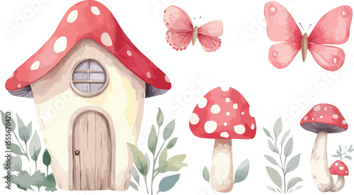 A vibrant cartoon vector illustration depicts an old house with blooming flowers and red amanita mushrooms nestled in green grass, perfect for autumn nature art