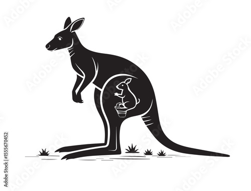 Black vector of a standing kangaroo with a pouch in minimal silhouette style, simple wildlife animal icon, Australian marsupial graphic, isolated transparent PNG illustration

