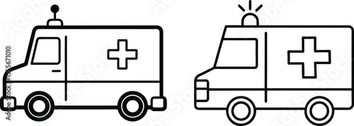 Ambulance Vehicle Outline Icons, Medical Emergency Van Line Art, Healthcare Transport Doodle Set.