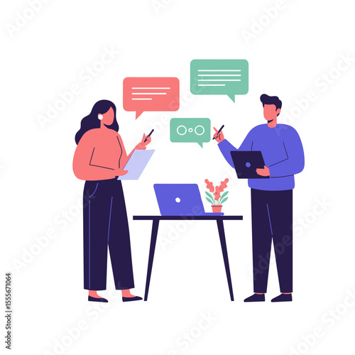 Man and woman having discussion with laptops and speech bubbles