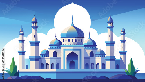 A blue and white building with domes and towers in the sky landscape illustration