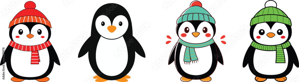 Obraz premium Cute Christmas Penguin Characters Set, Festive Winter Penguin Cartoon Collection, Holiday Penguin Icons with Accessories