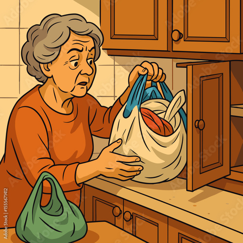 Elderly woman unpacking groceries from shopping bag in kitchen  